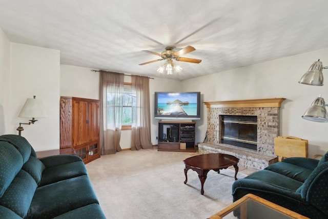 7938 E Hwy 59, Milton, WI 53563 - living area with a ceiling fan, carpet floors, and a brick fireplace