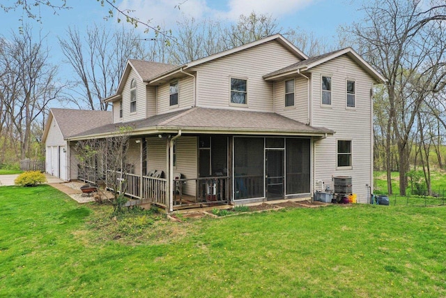 7938 E Hwy 59, Milton, WI 53563 - rear view of property featuring a lawn, cooling unit, roof with shingles, and a sunroom