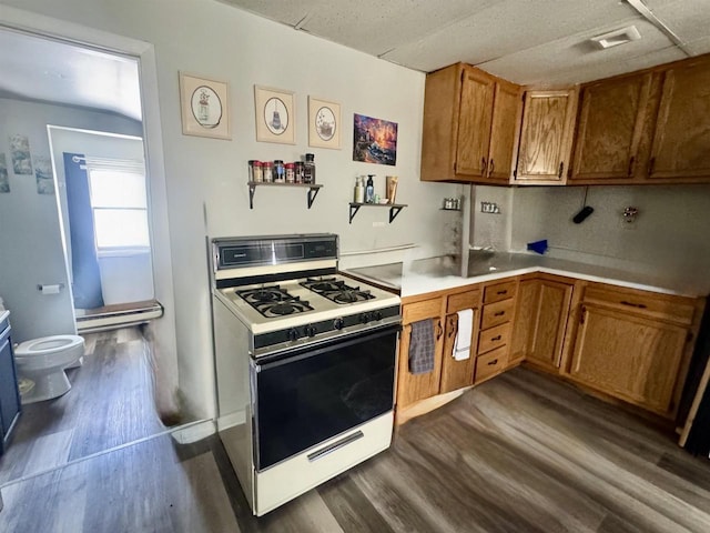 180 N Wisconsin St, Berlin, WI 54923 - kitchen featuring white range with gas cooktop, dark wood-type flooring, brown cabinets, light countertops, and tasteful backsplash