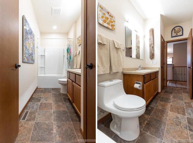 222 Blooming Leaf Way, Verona, WI 53593 - bathroom with toilet, stone tile flooring, shower / tub combo, vanity, and baseboards