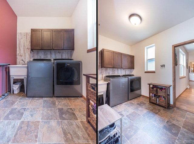 222 Blooming Leaf Way, Verona, WI 53593 - washroom featuring separate washer and dryer, cabinet space, stone finish floors, and baseboards