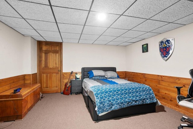 2108 Lawrence Dr, De Pere, WI 54115 - carpeted bedroom with wainscoting, wooden walls, and a drop ceiling