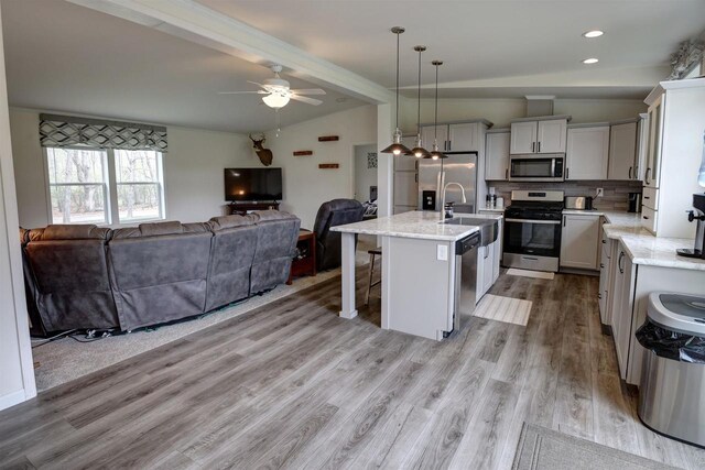 W5977 Lakeview Dr, Montello, WI 53949 - kitchen featuring stainless steel appliances, open floor plan, a sink, a kitchen bar, and ceiling fan