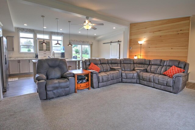 W5977 Lakeview Dr, Montello, WI 53949 - carpeted living area with healthy amount of natural light, ceiling fan, a barn door, wooden walls, and recessed lighting