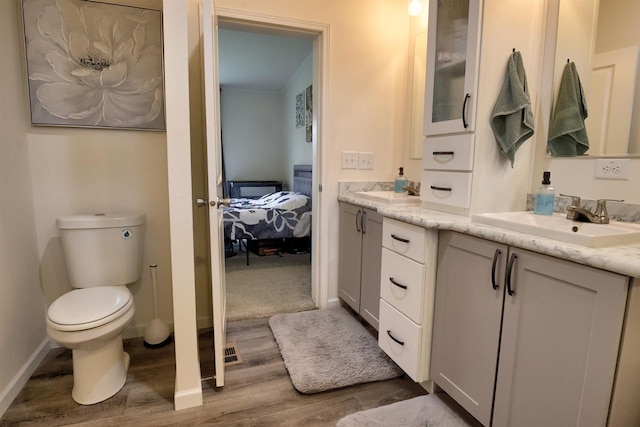 W5977 Lakeview Dr, Montello, WI 53949 - ensuite bathroom with wood finished floors, vanity, toilet, and baseboards