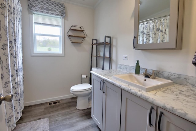 W5977 Lakeview Dr, Montello, WI 53949 - bathroom featuring wood finished floors, toilet, crown molding, vanity, and baseboards