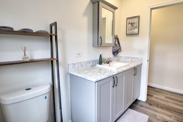 W5977 Lakeview Dr, Montello, WI 53949 - bathroom featuring wood finished floors, vanity, baseboards, and toilet
