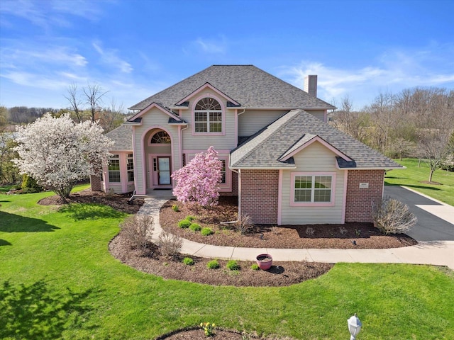 N109W14760 Preserve Pkwy, Germantown, WI 53022 - traditional-style house with a chimney, a front yard, roof with shingles, and brick siding