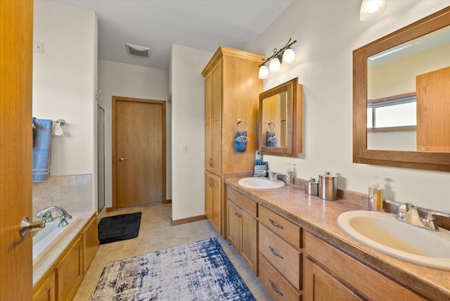 3271 Bay Hill Rd, Port Washington, WI 53074 - bathroom featuring double vanity, a garden tub, and a shower with door