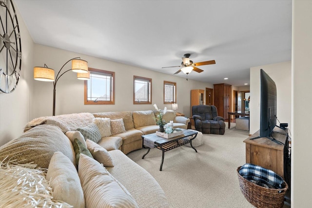 3271 Bay Hill Rd, Port Washington, WI 53074 - living area with carpet floors, a ceiling fan, and recessed lighting