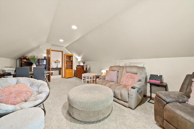 3271 Bay Hill Rd, Port Washington, WI 53074 - living room with light colored carpet, lofted ceiling, recessed lighting, and baseboards
