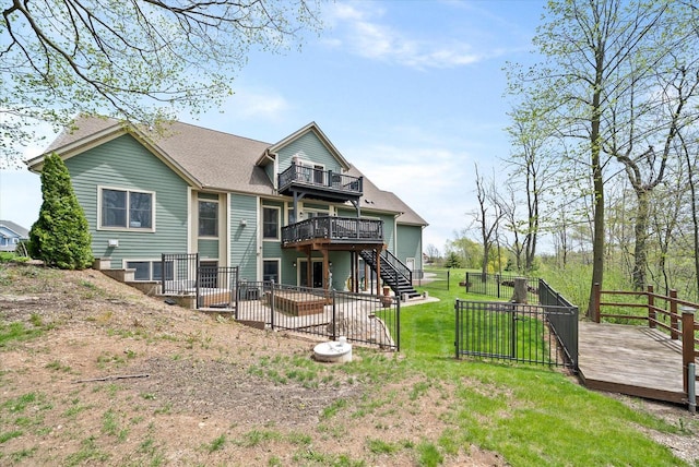 3271 Bay Hill Rd, Port Washington, WI 53074 - back of property featuring a wooden deck, a balcony, a patio area, and stairway