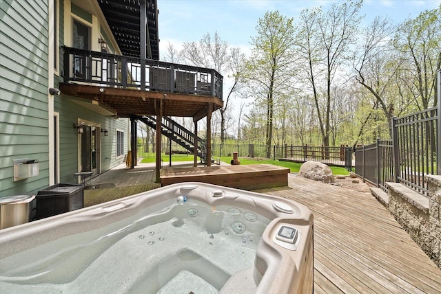 3271 Bay Hill Rd, Port Washington, WI 53074 - wooden terrace with an outdoor hot tub, a fenced backyard, and stairway