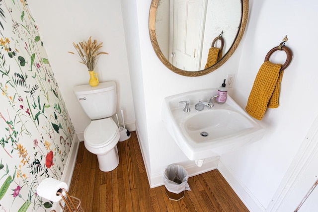 395 Lake St, Green Lake, WI 54941 - bathroom featuring wood finished floors, toilet, baseboards, and a sink