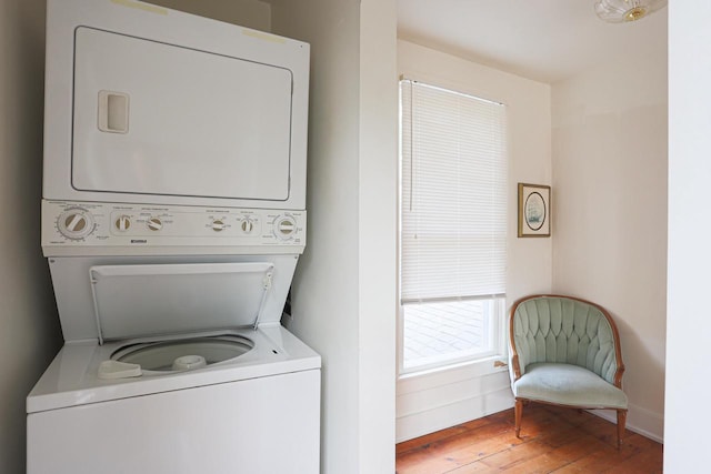 395 Lake St, Green Lake, WI 54941 - laundry room with estacked washer and dryer and hardwood / wood-style flooring