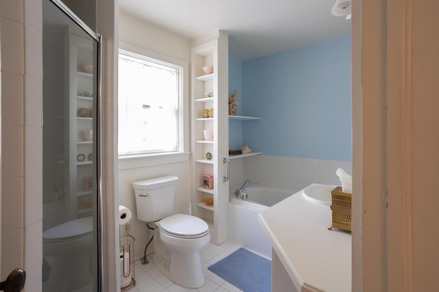 395 Lake St, Green Lake, WI 54941 - full bathroom with toilet, a shower stall, tile patterned flooring, and a bath