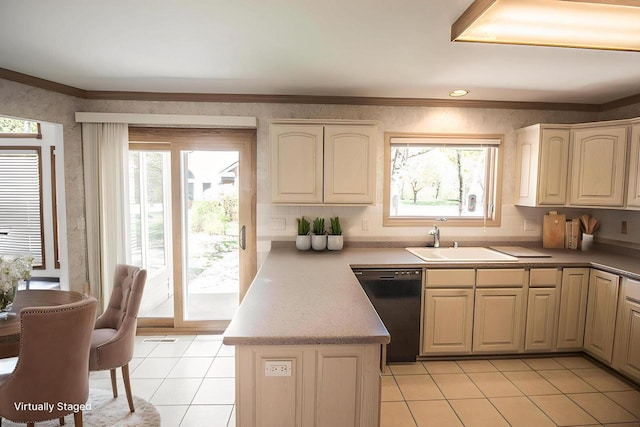 2415 Walnut Grove Ct Unit B, Brookfield, WI 53005 - kitchen with a sink, dishwasher, a peninsula, light tile patterned flooring, and healthy amount of natural light