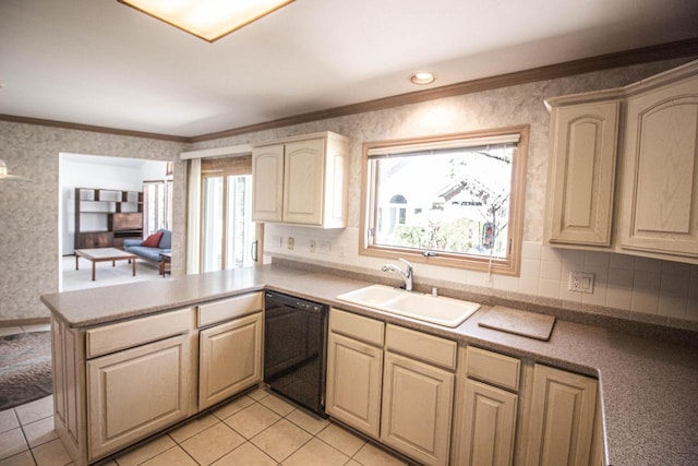 2415 Walnut Grove Ct Unit B, Brookfield, WI 53005 - kitchen with black dishwasher, a sink, a peninsula, light tile patterned floors, and ornamental molding