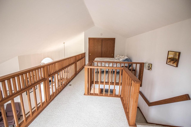 2415 Walnut Grove Ct Unit B, Brookfield, WI 53005 - hallway with carpet, vaulted ceiling, and an upstairs landing