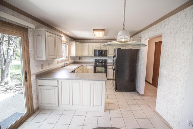 2415 Walnut Grove Ct Unit B, Brookfield, WI 53005 - kitchen featuring black appliances, ornamental molding, a sink, a peninsula, and light tile patterned flooring