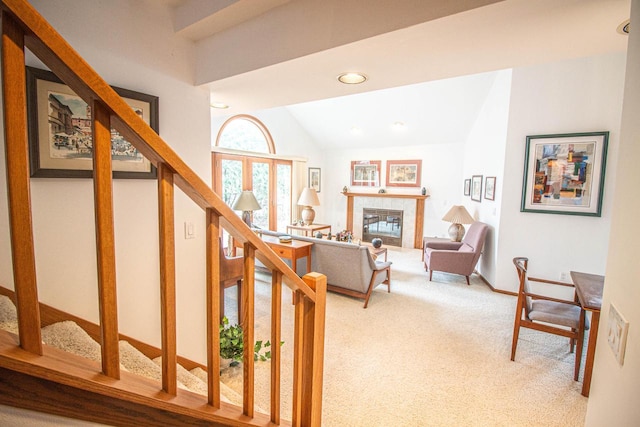 2415 Walnut Grove Ct Unit B, Brookfield, WI 53005 - staircase with carpet, lofted ceiling, a tiled fireplace, and recessed lighting