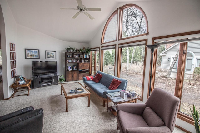 2415 Walnut Grove Ct Unit B, Brookfield, WI 53005 - carpeted living area featuring a ceiling fan and high vaulted ceiling
