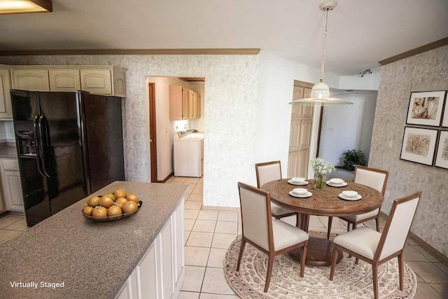 2415 Walnut Grove Ct Unit B, Brookfield, WI 53005 - dining room with light tile patterned flooring, washer / clothes dryer, wallpapered walls, ornamental molding, and baseboards