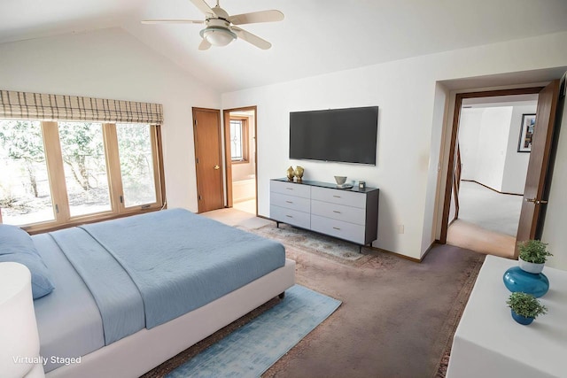 2415 Walnut Grove Ct Unit B, Brookfield, WI 53005 - bedroom featuring light carpet, lofted ceiling, connected bathroom, baseboards, and ceiling fan