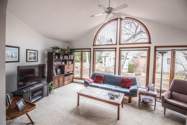 2415 Walnut Grove Ct Unit B, Brookfield, WI 53005 - living area featuring carpet flooring, healthy amount of natural light, high vaulted ceiling, and ceiling fan
