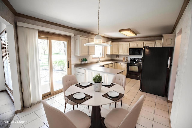 2415 Walnut Grove Ct Unit B, Brookfield, WI 53005 - kitchen with black appliances, a sink, light tile patterned floors, decorative light fixtures, and ornamental molding