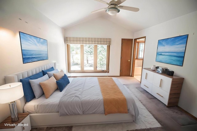 2415 Walnut Grove Ct Unit B, Brookfield, WI 53005 - carpeted bedroom with lofted ceiling, ceiling fan, baseboards, and ensuite bathroom