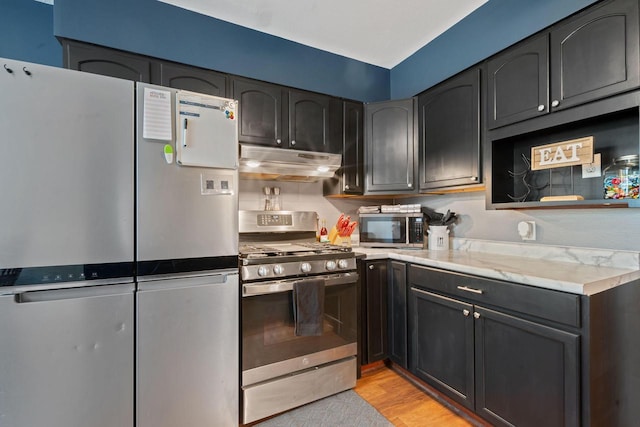 841 Legion Dr, Twin Lakes, WI 53181 - kitchen with stainless steel appliances, under cabinet range hood, light stone counters, and light wood-style flooring