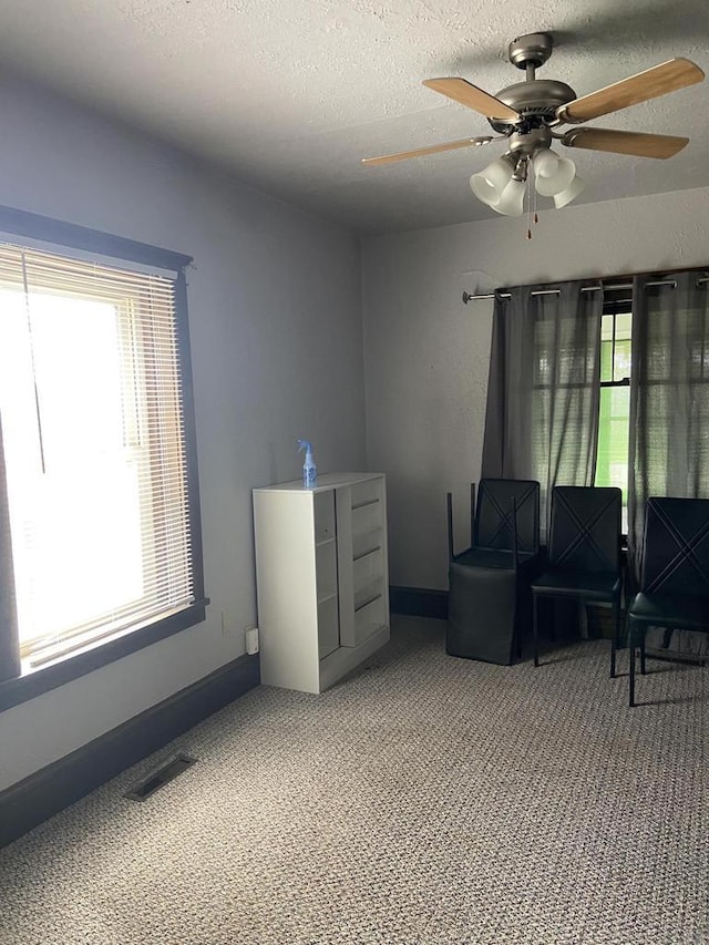 1040 N 1st St, Wisconsin Rapids, WI 54494 - living area featuring carpet, a ceiling fan, a textured ceiling, and baseboards
