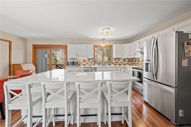 1395 25th St, Houlton, WI 54082 - kitchen featuring appliances with stainless steel finishes, a sink, under cabinet range hood, and light countertops