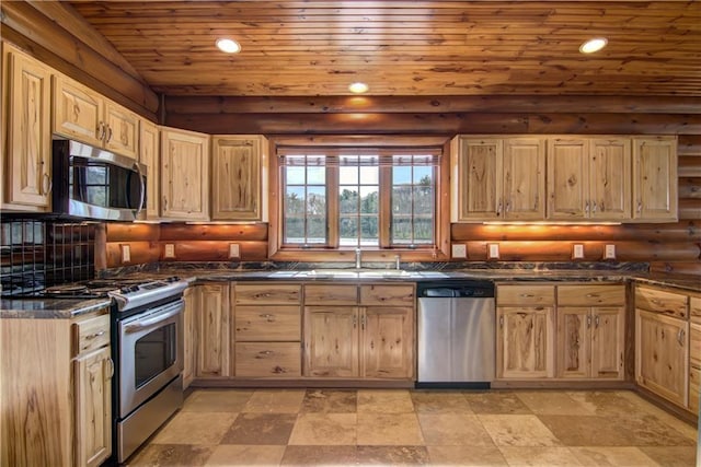 N3858 1000th St, Eau Claire, WI 54703 - kitchen featuring stainless steel appliances, a sink, wooden ceiling, light brown cabinets, and recessed lighting
