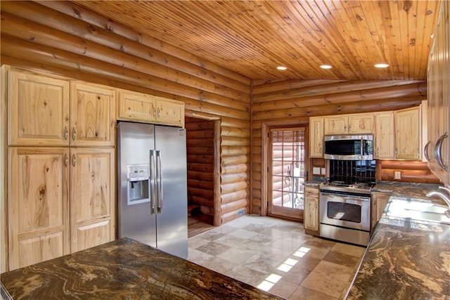 N3858 1000th St, Eau Claire, WI 54703 - kitchen with appliances with stainless steel finishes, wood ceiling, log walls, dark countertops, and light brown cabinets