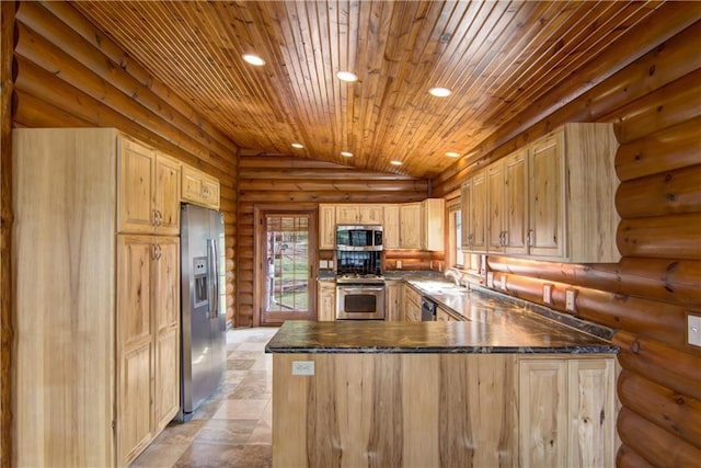 N3858 1000th St, Eau Claire, WI 54703 - kitchen with appliances with stainless steel finishes, wood ceiling, a peninsula, recessed lighting, and rustic walls