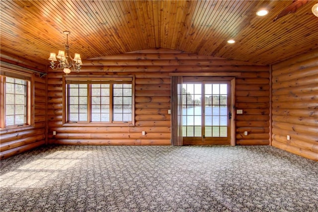 N3858 1000th St, Eau Claire, WI 54703 - carpeted spare room featuring a chandelier, lofted ceiling, recessed lighting, and wooden ceiling