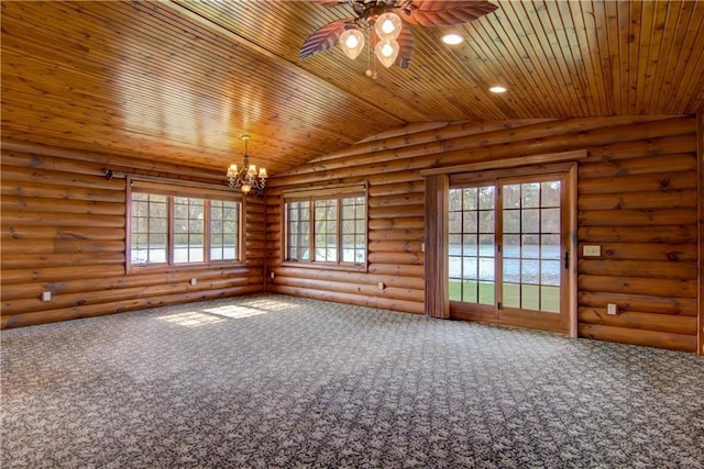 N3858 1000th St, Eau Claire, WI 54703 - unfurnished room featuring wooden ceiling, a chandelier, a ceiling fan, carpet floors, and vaulted ceiling