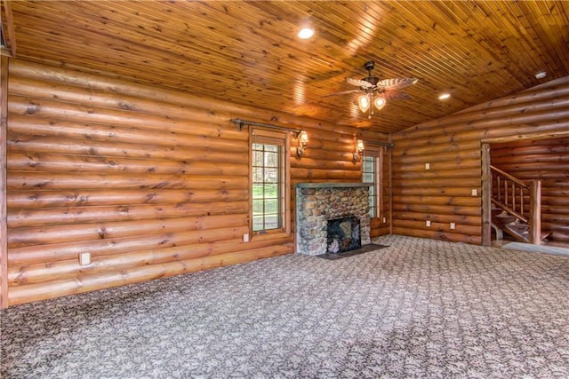 N3858 1000th St, Eau Claire, WI 54703 - unfurnished living room with carpet floors, ceiling fan, log walls, wood ceiling, and a fireplace