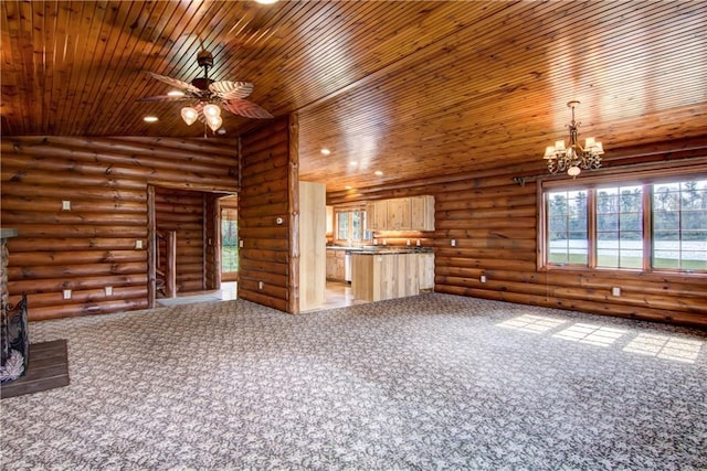 N3858 1000th St, Eau Claire, WI 54703 - unfurnished living room with wooden ceiling, a ceiling fan, carpet, a chandelier, and healthy amount of natural light