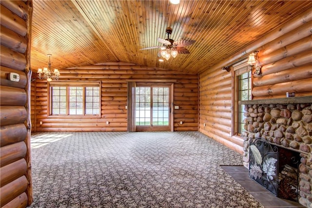 N3858 1000th St, Eau Claire, WI 54703 - unfurnished living room with wooden ceiling, lofted ceiling, a ceiling fan, healthy amount of natural light, and a fireplace