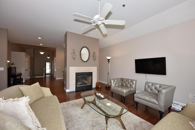 18235 W Wisconsin Ave, Brookfield, WI 53045 - living area featuring wood finished floors, ceiling fan, baseboards, recessed lighting, and a fireplace