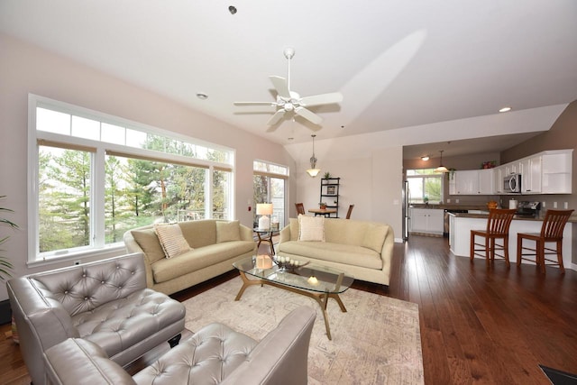 18235 W Wisconsin Ave, Brookfield, WI 53045 - living area featuring dark wood finished floors and ceiling fan