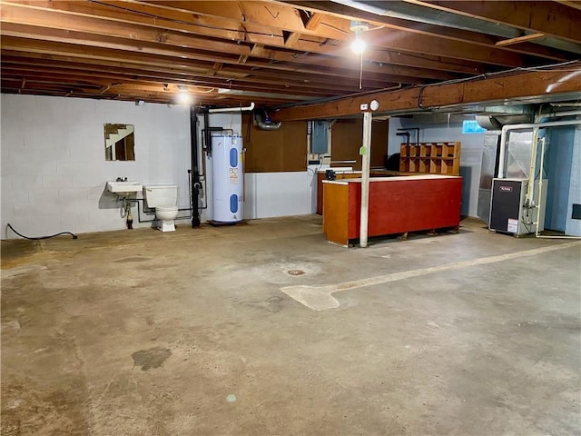 318 Spruce St, Spooner, WI 54801 - unfinished basement featuring water heater, heating unit, concrete block wall, electric panel, and a sink