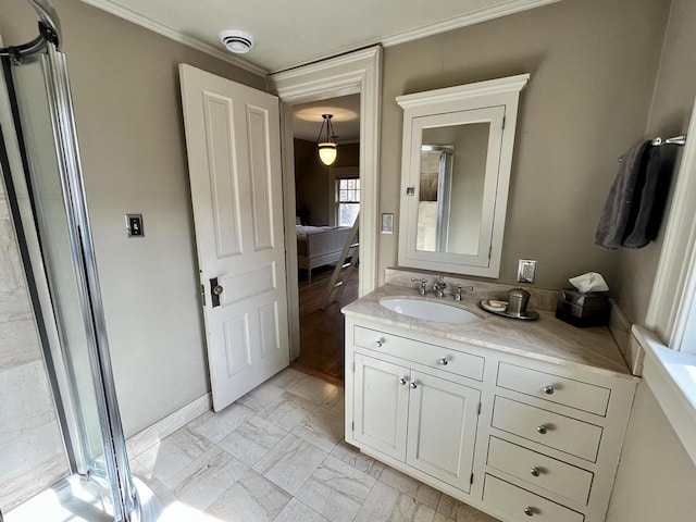 2701 N Lake Dr, Milwaukee, WI 53211 - full bathroom featuring crown molding, vanity, ensuite bath, and a shower with shower door