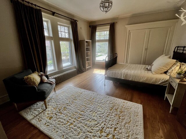 2701 N Lake Dr, Milwaukee, WI 53211 - bedroom with ornamental molding, wood finished floors, and radiator