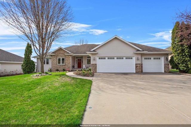 ranch-style home featuring an attached garage, a front yard, and driveway