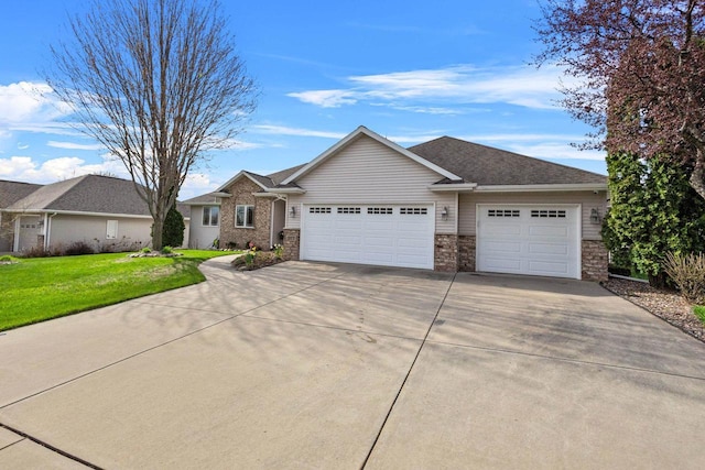 ranch-style house with an attached garage, concrete driveway, a front yard, and stone siding