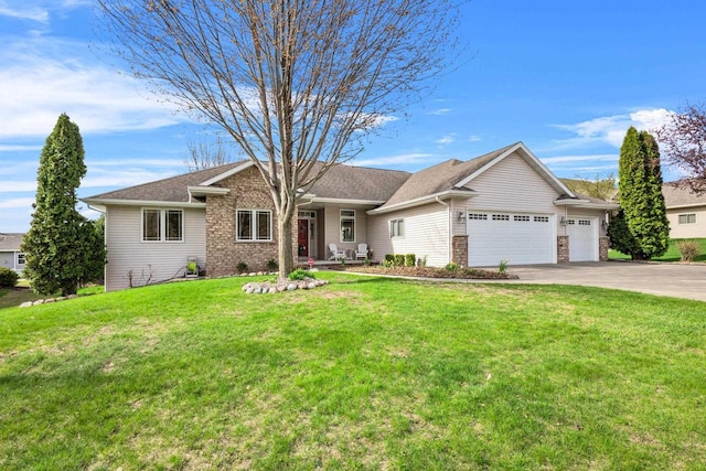 ranch-style house with a garage, concrete driveway, and a front lawn